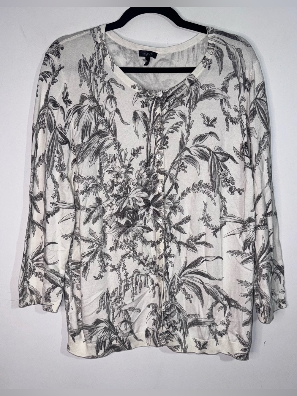 Talbots Cottagecore Botanical Floral Cardigan XL Ivory Black Lightweight Knit